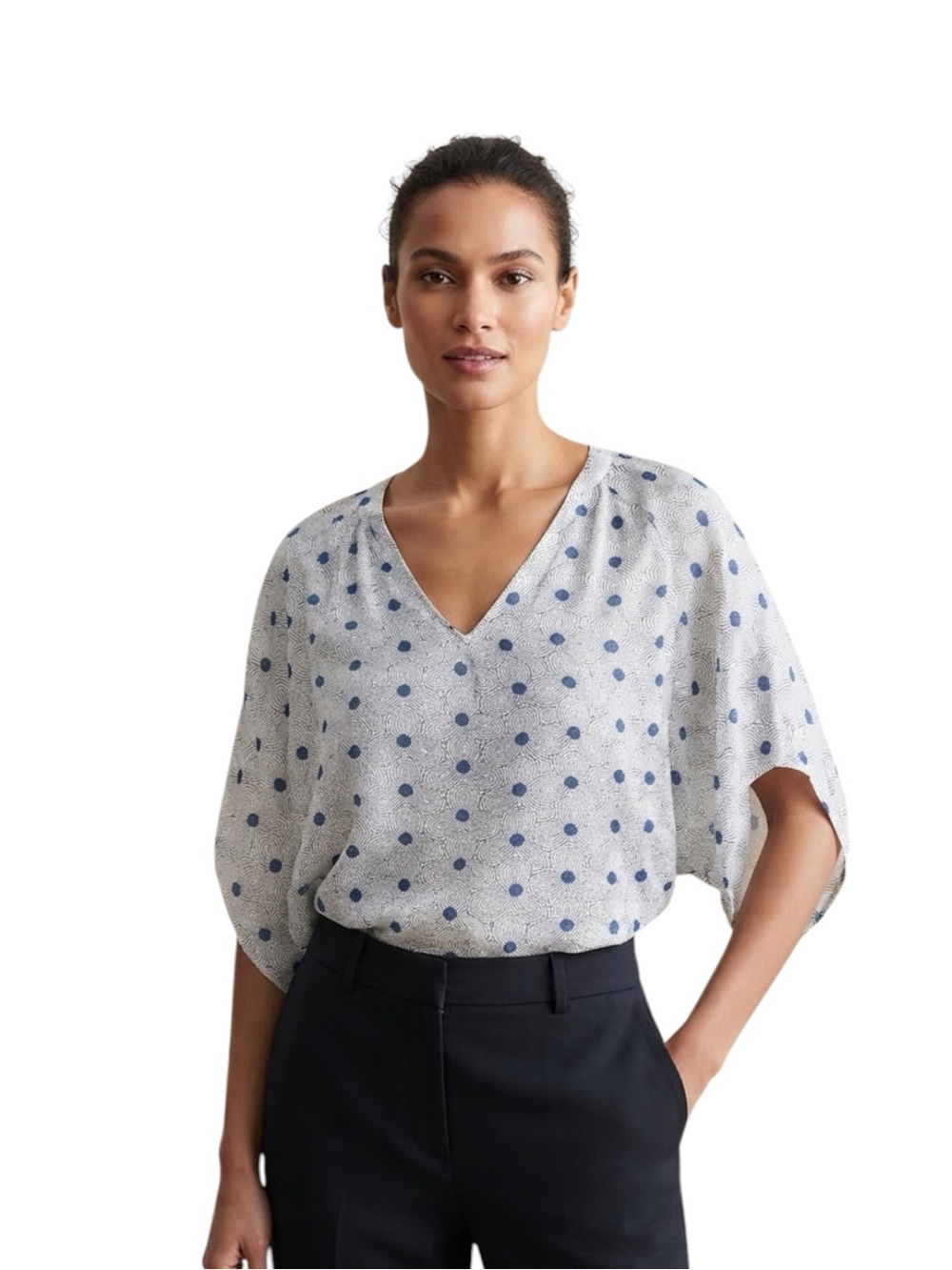Fei Anthropologie Short Sleeve Geometric Silk Blouse White/Blue Size 10